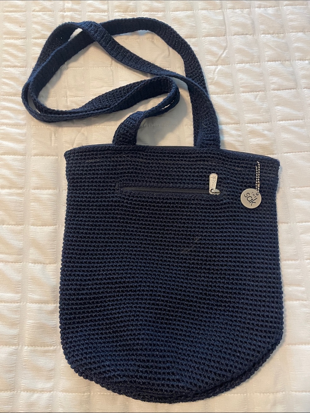 The Sak Navy Knit Crossbody Tote with Front Zip Pocket